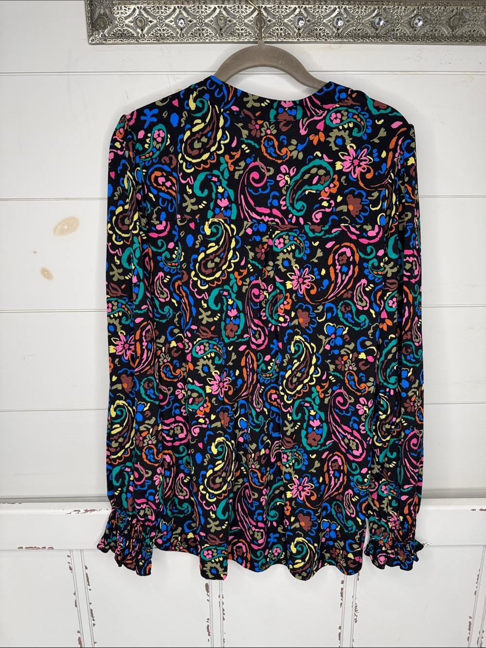 Black Paisley-Print Long Sleeve Blouse with Ruffle Cuffs - Picture 3 of 9